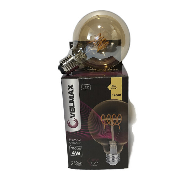 

Светодиодная ретро лампочка VELMAX V-Filament-Amber-G95-Спираль-G, E27, 4W, LED, 300Lm, 2700К