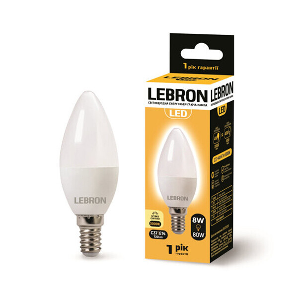 

LED лампа LEBRON L-С37, Е14, 8W, 720Lm, 3000K