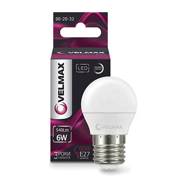 

Лампочка светодиодная Velmax V-G45 Е27, 6W LED, 540Lm, 4100К