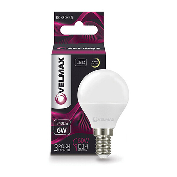

Лампочка светодиодная Velmax V-G45 Е14, 6W LED, 540Lm, 3000К