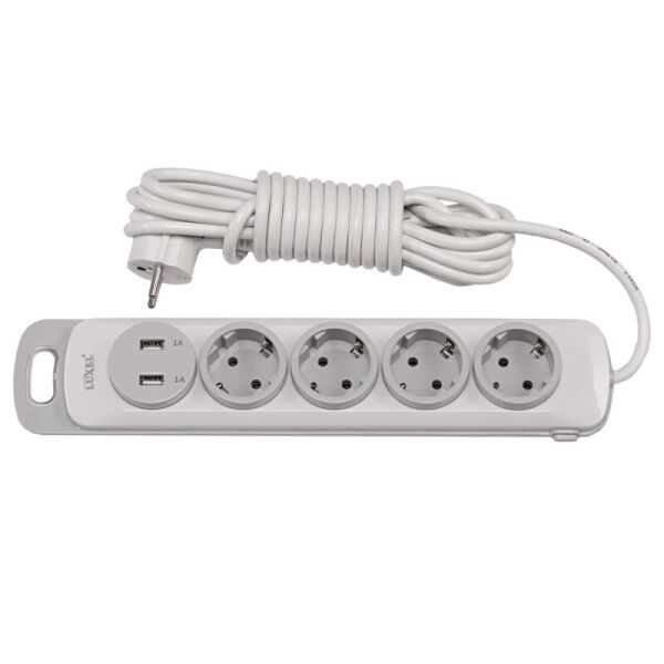 

Сетевой удлинитель Luxel Nota 4 розетки 5М с заземлением и выключателем 2 USB гнезда