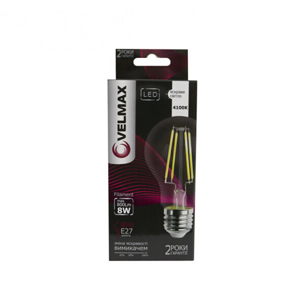 

Светодиодная ретро лампочка VELMAX V-Filament-A60Dimmer, E27, 8W, LED, max800Lm, 4100К