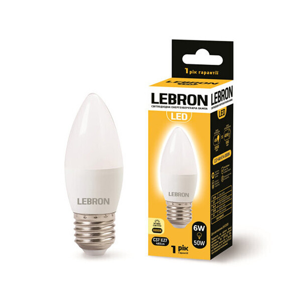

LED лампа Lebron L-С37, Е27, 6W, 480Lm, 3000K