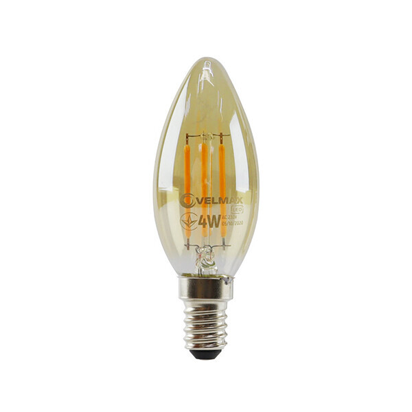 

LED Лампа Филаментная Velmax V-Filament-Amber-C37, Е14, 4W, 400Lm, 2200К