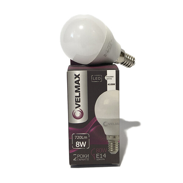 

LED лампочка VELMAX V-G45, E14, 8W, LED, 720Lm, 4100К