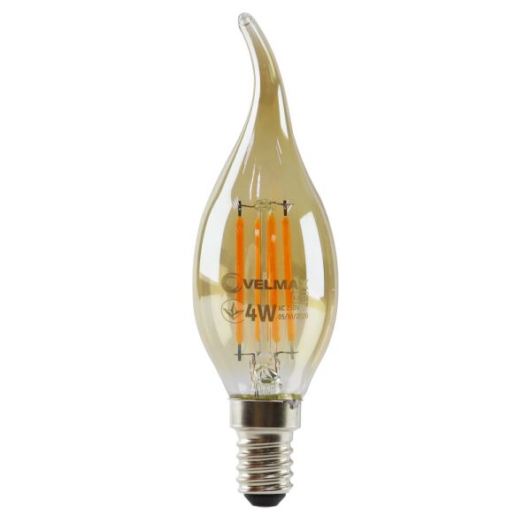 

Светодиодная ретро лампочка VELMAX V-Filament-Amber-C37t, E14, 4W, LED, 400Lm, 2200К