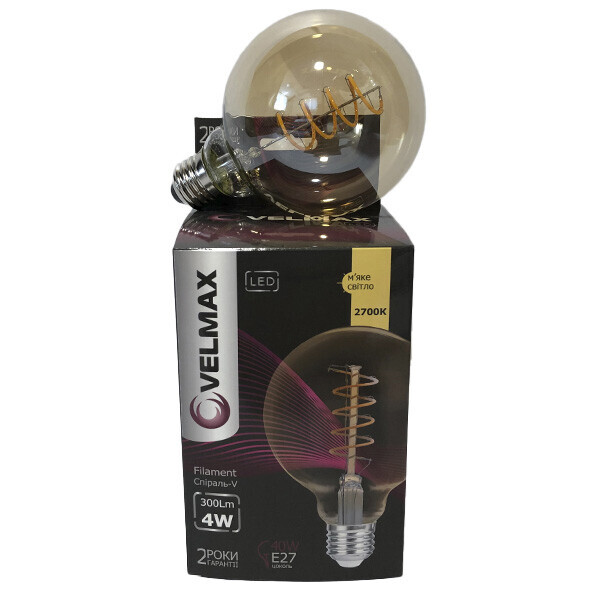 

Лампа филаментная светодиодная VELMAX E27, 4W, LED, 300Lm, 2700К, спираль