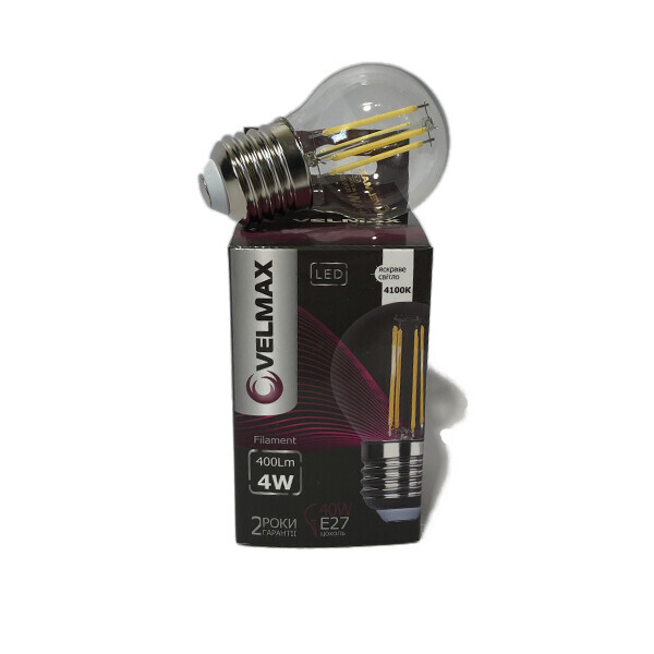

Лампа светодиодная ретроVELMAX V-Filament-G45, E27, 4W, LED, 400Lm, 4100К