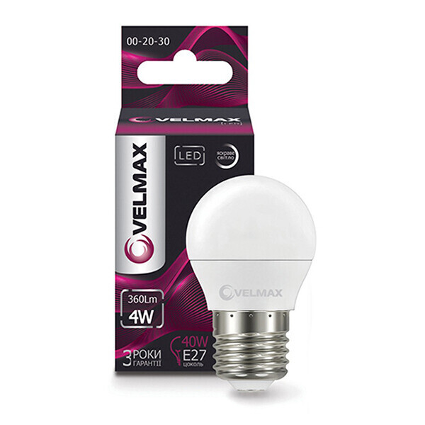 

Лампочка светодиодная VELMAX V-G45, E27, 4W, LED, 540Lm, 3000К