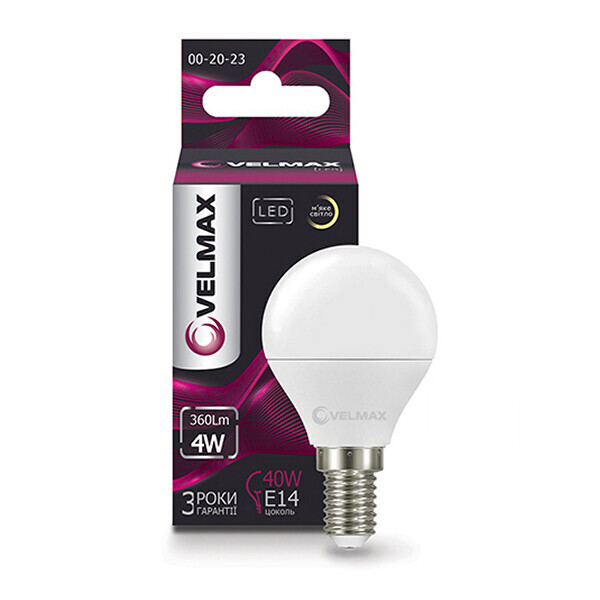 

Лампочка светодиодная Velmax V-G45 Е14, 4W LED, 360Lm, 4100К