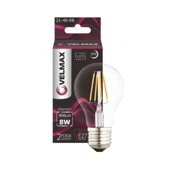 

Лампа светодиодная ретро VELMAX V-Filament-ST64, E27, 8W, LED, 800Lm, 4100К