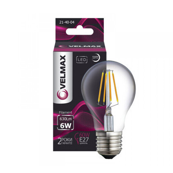 

Светодиодная ретро лампочка VELMAX V-Filament-A60, E27, 6W LED, 630Lm, 4100К