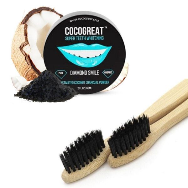 

Зубной кокосовый порошок для отбеливания зубов Cocogreat 30 г и экологичная зубная щетка из бамбука в наборе