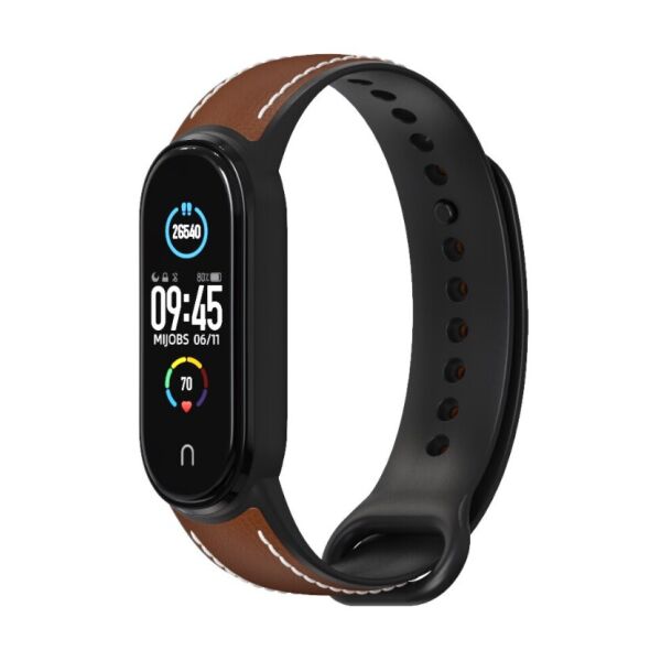 

Ремешок силикон + кожа для Xiaomi Mi Band 5 | 6 Коричнево Черный MiJobs (1540703)