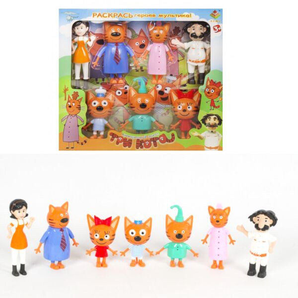 

Игровой набор Три кота персонажи мультфильма 3 кота 7 фигурок: 2 фигуроки людей и коты мама, папа, Компот, Коржик,Карамелька