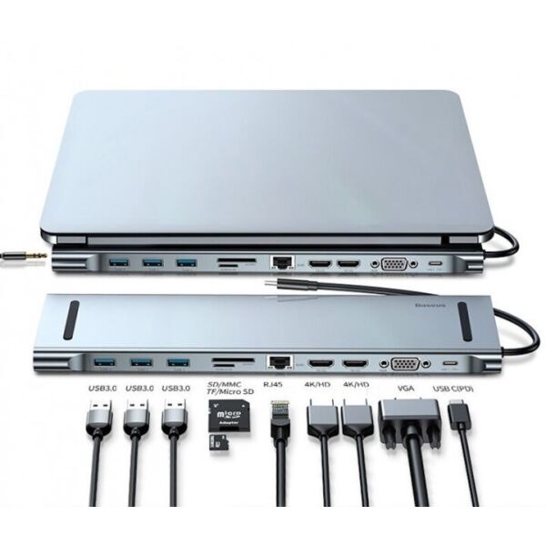 

Хаб-концентратор/Док-станция Basen 11в1 PD/HD4K*2/VGA/RJ45/SD/TF/USB*3/Adapter для MacBook/Windows/Linux