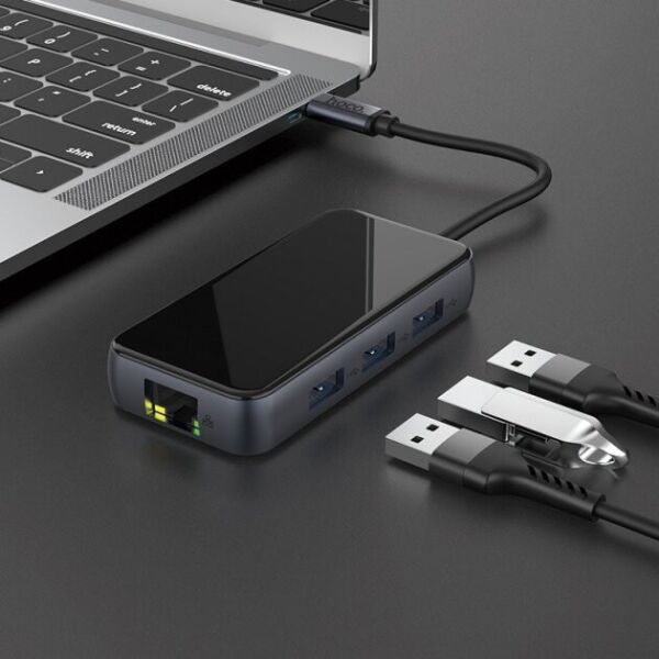 

Type-C хаб Hoco 67W USB 3.0*3+HDMI+PD+RJ45 для Macbook/Windows/Linux