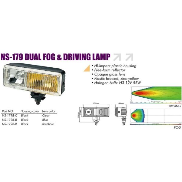 

Дополнительные фары противотуманные SIRIUS NS-179 B-C H3/12V/2x55W/161*60мм/Taiwan пара