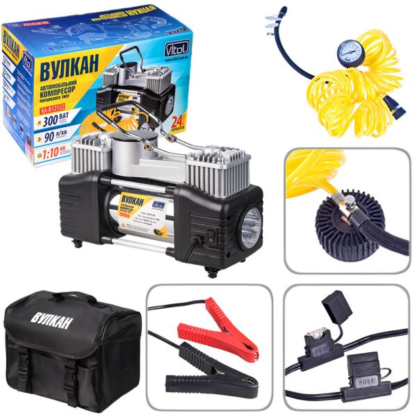 

Компрессор "Вулкан" КА-В12122 150psi/25Amp/90л/клеммы/шланг 7,5м с дефлятором/фонарь/2 цилиндра (КА-В12122)