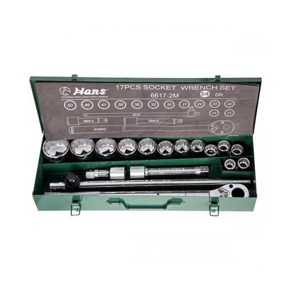 

Набор торц головок 3/4"DR 19-50мм,12гран.,17 предм.(6617-2M 12PT) HANS
