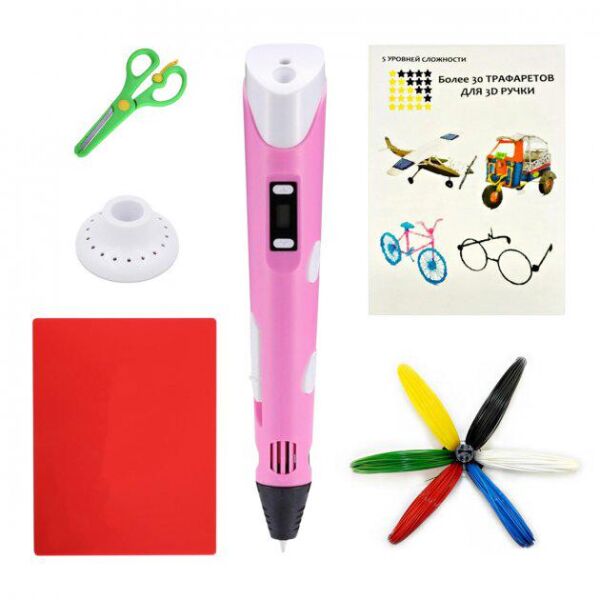 

Набор 3D-ручка с трафаретами, доской, ножницами, 40 метрами разноцветного пластика Розовая