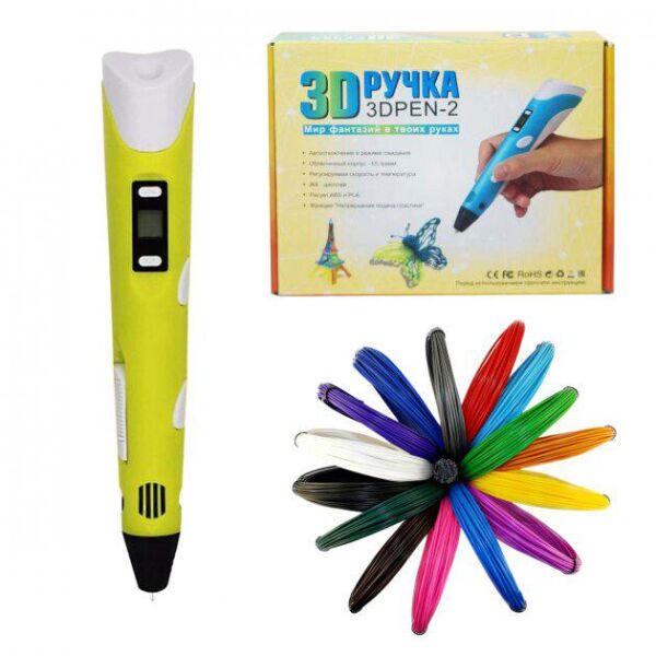

3D-ручка для рисования 3D Pen 2 и 80 метров разноцветного пластика Желтая