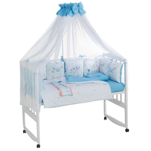 

Детская постель с подушками и балдахином Babyroom Bortiki Print-08 blue train