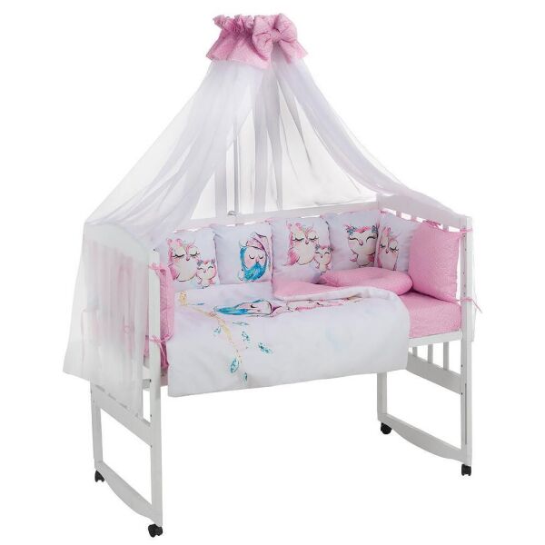 

Детская постель с подушками и балдахином Babyroom Bortiki Print-08 pink owl