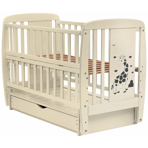 

Кроватка детская из бука Жирафик с откидной боковиной, ящиком и маятником, Babyroom DJMYO-01 Слоновая кость