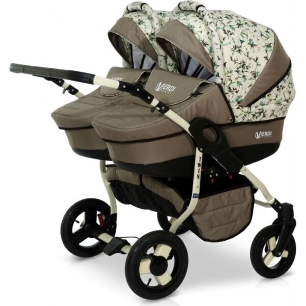 

Коляска для двойни Verdi Twin Бежевый с принтом с дождевиком и сумкой для мамы + 4 положения регулировки спинки