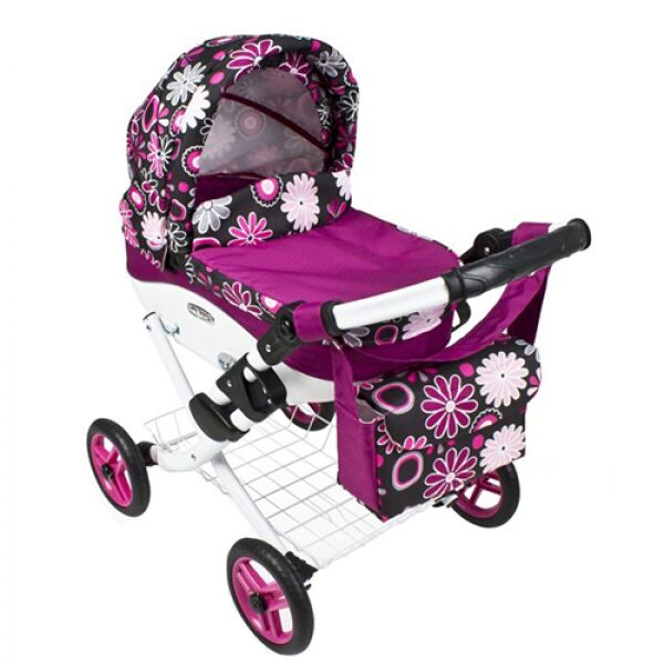 

Коляска для кукол Adbor Lily Lc-19 Фиолетовый/Черный с принтом с корзиной, матрасом и сумкой + чехол на ножки