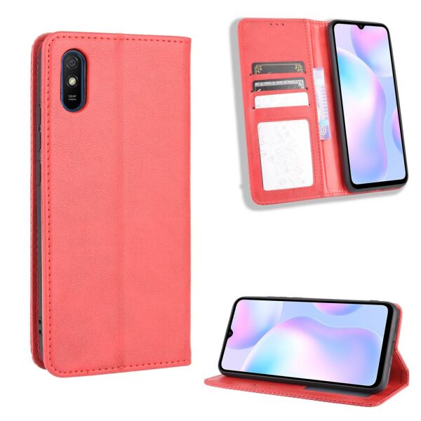 

Чехол книжка для Xiaomi Redmi 9A боковой с отсеком для визиток, Орнамент, Красный