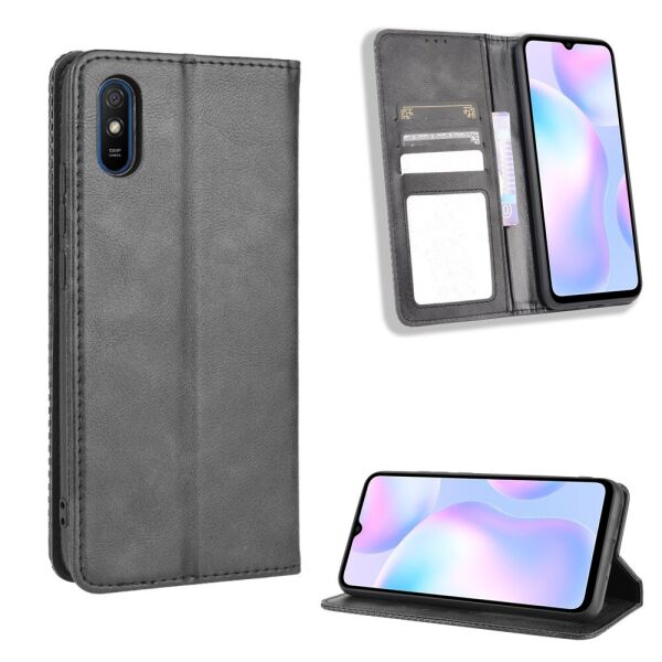 

Чехол книжка для Xiaomi Redmi 9A боковой с отсеком для визиток, Орнамент, Черный