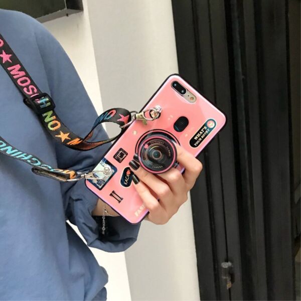 

Чехол для iPhone 11 Pro Max силиконовый Ретро фотик, с попсокетом и ремешком, Розовый