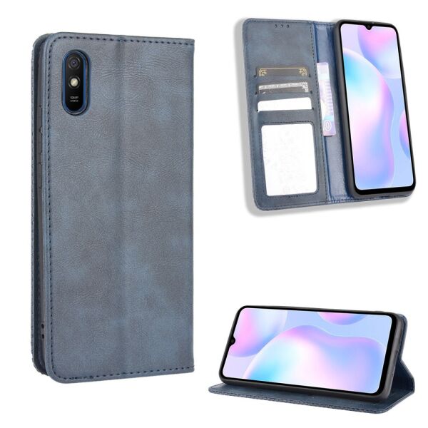 

Чехол книжка для Xiaomi Redmi 9A боковой с отсеком для визиток, Орнамент, Синий