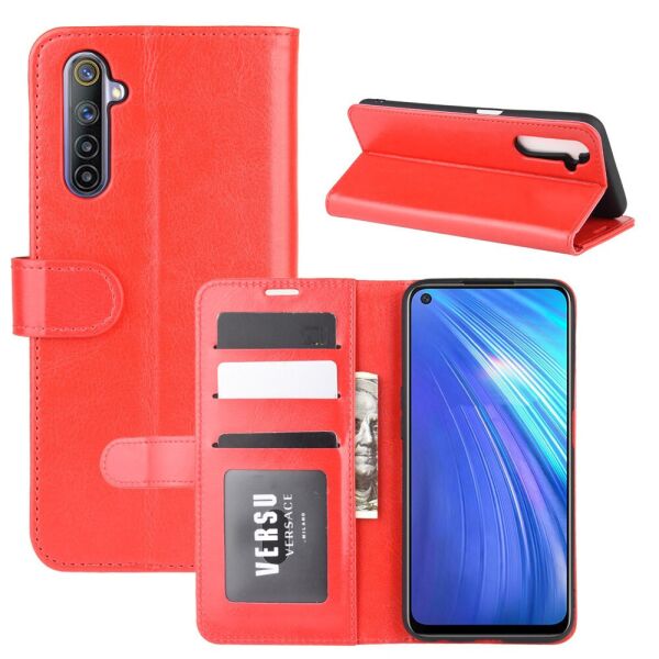 

Чехол книжка для Realme 6 RMX2001 боковой с отсеком для визиток, гладкая кожа, красный