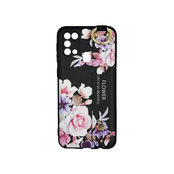 

Чехол для Samsung Galaxy M31 M315 силиконовый с ремешком подставкой, Flower, Черный