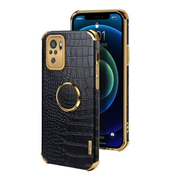 

Чехол накладка для Xiaomi Redmi Note 10S силиконовый с кольцом-подставкой, Фактура крокодиловой кожи, Черный
