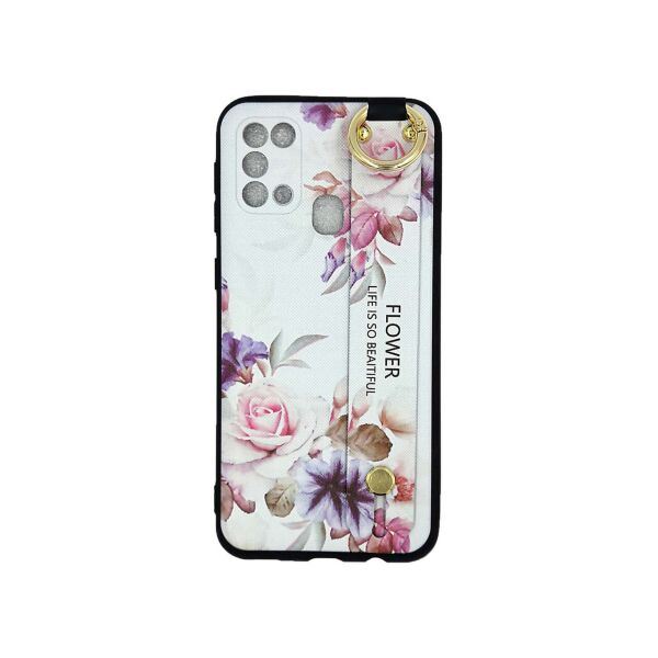 

Чехол для Samsung Galaxy M31 M315 силиконовый с ремешком подставкой, Flower, Белый