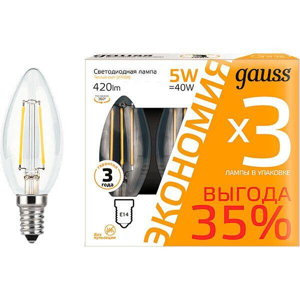 

Лампа светодиодная Gauss Filament 5 Вт C37 E14 2700 К 3 шт
