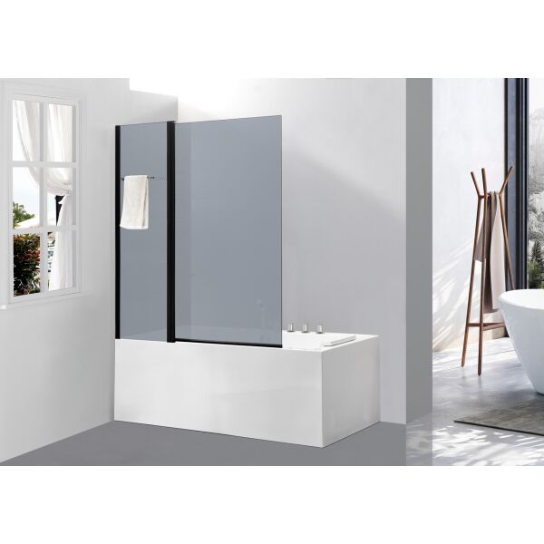 

Стеклянная шторка ширма для ванны AVKO Glass 542-8 100x140 Frosted две секции, черный профиль, универсальная, душевая перегородка