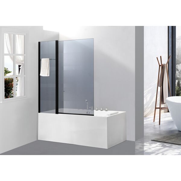 Акція на Стеклянная шторка ширма для ванны AVKO Glass 542-8 100x140 Clear две секции, черный профиль, универсальная, душевая перегородка від Allo UA