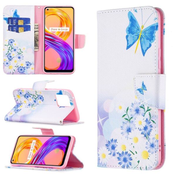 

Чехол-книжка Deexe Color Wallet для Realme 8 / 8 Pro - Blue Butterflies and Flowers