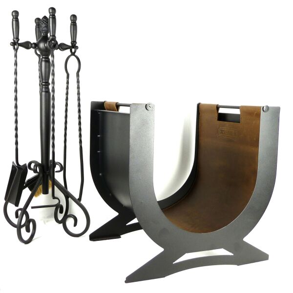

Каминный комплект металлический кованый Ferrum Zevs Black и дровница с с сумкой из кожи Ferrum Zevs Black, набор