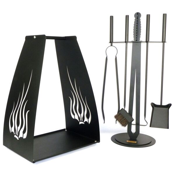 

Каминный комплект металлический кованый Ferrum Excalibur Black и дровница металлическая кованая Ferrum Plamya Black, набор