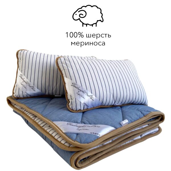 

Комплект для сна всесезонный из шерсти мериноса Goodnight Standart семейный, одеяло 140x200 см - 2 шт + подушка 40x60 см - 2 шт, голубой, Италия, 100% шерсть