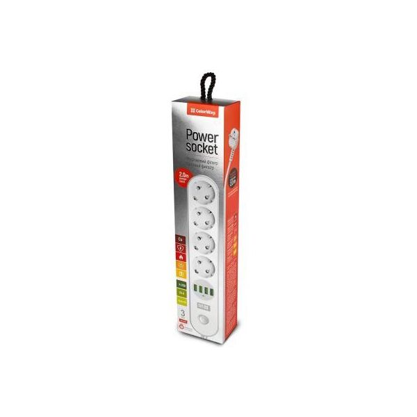 

Мережевий фільтр живлення ColorWay CW-CHE44W, 4 розетки/4USB White 2M (CW-CHE44W)