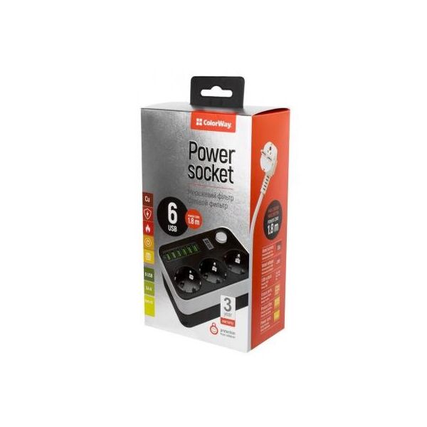 

Мережевий фільтр живлення ColorWay CW-CHЕ36B, 3 розетки/6USB Black 1.8M (CW-CHE36B)