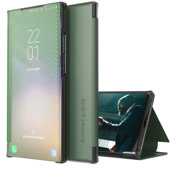

Чехол книжка для Samsung Galaxy A52 боковой с полупрозрачной крышкой, Carbon Fiber, Зеленый