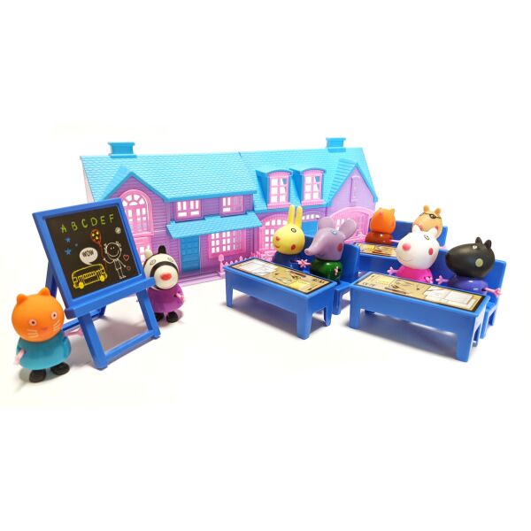 

Свинка Пеппа в школе - набор фигурок персонажей 8 штук Star Toys, герои с аксессуарами, домик-школа, 3 парты, школьная доска.